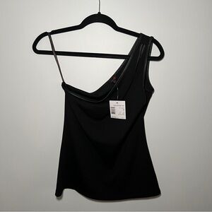 G by Guess Idana Scuba Top Black One-Shoulder Top with Faux Leather Trim Size M